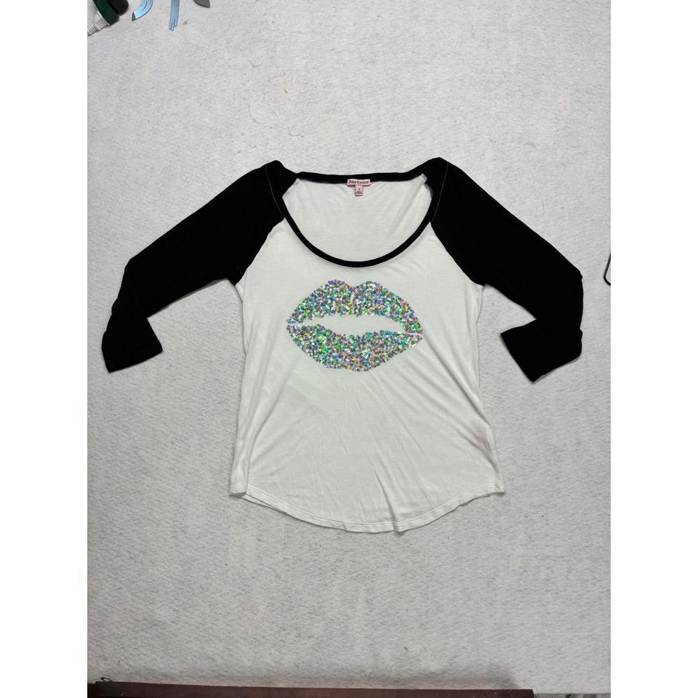 Juicy Couture Sporty Baseball Tee McBling Sequin Lip Raglan Top Small White Y2K
